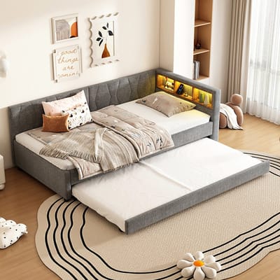 Komhtom Rustbed, 90*200 cm, dagbed, slaapbank, opbergvak onder het bed, USB+type C, afstandsbediening voor sfeerverlichting LED, bed met uitschuifbed, bed met lattenbodem (zonder matras), linnen, grijs
