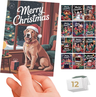 Inspra Studio – Luxe Kerstkaarten met Enveloppen – 12 Stuks – Jaren 90 Wenskaarten Set 1+2 – Artistieke Illustraties met Nostalgische Retro Stijl
