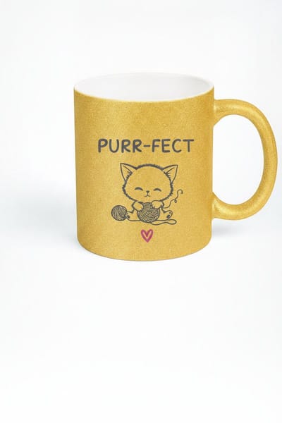 Mok Purr-fect Kat met Wolbol – Kattenmok – Goud Glitter – Keramiek 330 ml