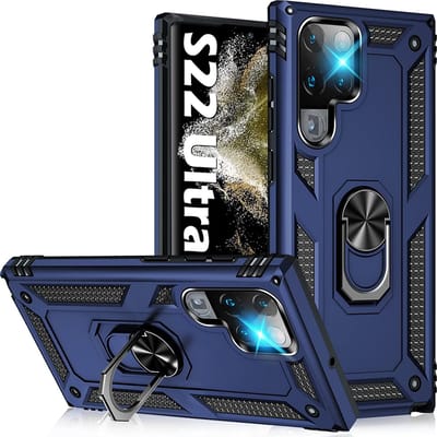 Ring Armor hoesje Geschikt voor Samsung Galaxy S22 Ultra - Blauw - Draaibare standaard - Magneet - ZT Accessoires