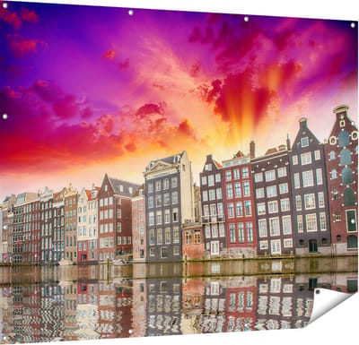 Gards Tuinposter Amsterdamse Huisjes bij het Kanaal - Kleur - 150x120 cm - Tuindoek - Tuindecoratie - Wanddecoratie buiten - Tuinschilderij