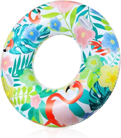 Zwemring voor Volwassenen met Dubbele Handvatten, Opblaasbare Float voor Strand, Waterpark en Feest, Kleurige Jungle Flamingo, Geschikt tot 120 kg