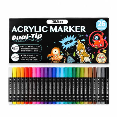 Dubbelzijdige acrylmarkers op waterbasis - 26 stuks 26 kleuren - geschikt voor kleurlaagjes - brede dotpunt en fijne punt - basisverpakking