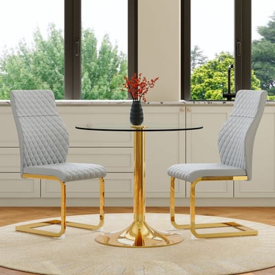 MODENUIT Ronde Eettafelset 85 cm - Glazen Tafel Met 2 Stoelen - Voor Eetkamer En Horeca - Glas Metaal - Lichtgrijs Goud
