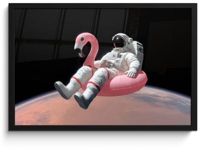 Poster in lijst - Fotolijst 60x40 cm - Posters - Astronaut - Flamingo - Zwemband - Roze - Posterlijst zwart - Decoratie - Wanddecoratie woonkamer - Muurdecoratie slaapkamer