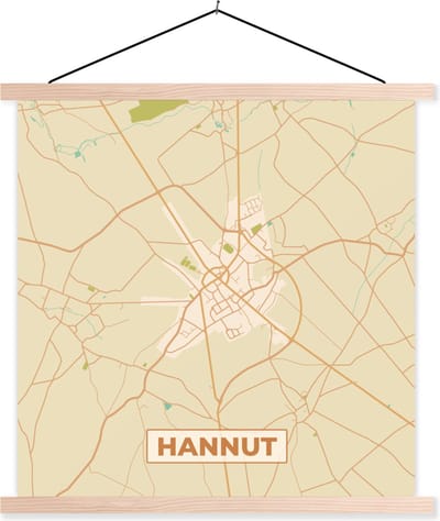 Posterhanger incl. Poster 40x40 cm - Schoolplaat - Hannuit - Plattegrond - Stadskaart - Kaart - Vintage - Textielposter - Blanke latten - Stadskaart