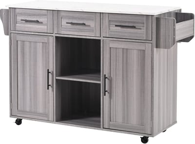 N Design Collection - Multifunctionele Keukenwagen/Opbergkast 139 cm - Wit Marmer Look Werkblad - Klapbaar & Grote Opbergruimte - Met Rollen + Vaste Poten