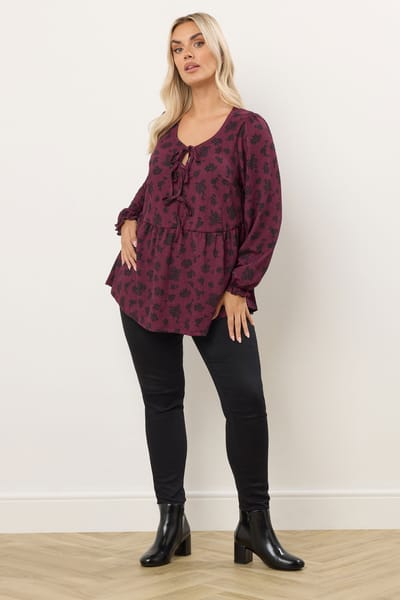 Yours Wijnrode Bloemen Peplum Top Met Strik Aan De Voorkant Size 42
