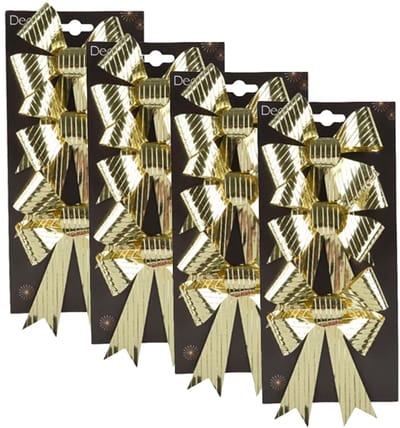 Decoris Kerst ornamenten strikken - 12x st - goud - 14 x 10 cm - kerstboomstrikjes - kerstversiering kerststrikken