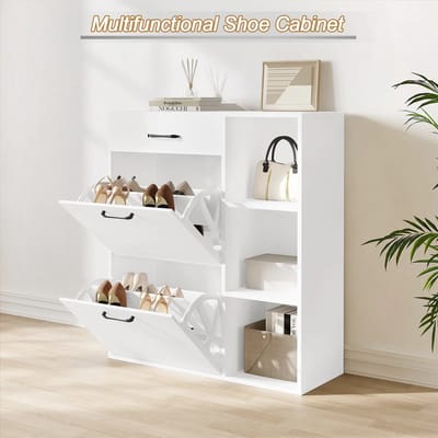 DHN Schoenkast - 3-Tier Smal Hoog Schoenenrek - Witte Schoenenkast Met Lade - 80X90X30Cm - Flip-Open Compartimenten - Organizer Huishouden