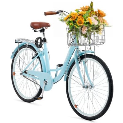 VEVOR Cruiser Bike (Banddiameter 660,4 mm) Strandfiets met grote mand en bagagerek, Cruiser Bike met verstelbare zitting, voor fietsen, sporten en winkelen Lichtblauw