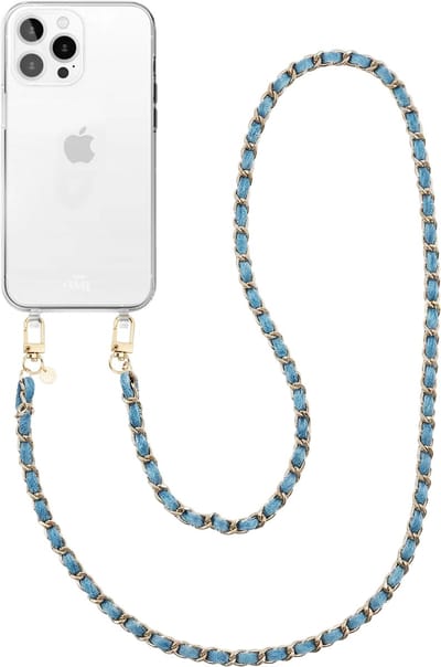 xoxo Wildhearts siliconen hoesje geschikt voor iPhone 16 Pro Max - Classic Chain - Denim (lang koord) - Telefoonhoesje - Hoesje met koord - Schakelketting - Lang telefoonkoord - Denim blauw met goud - Transparant hoesje