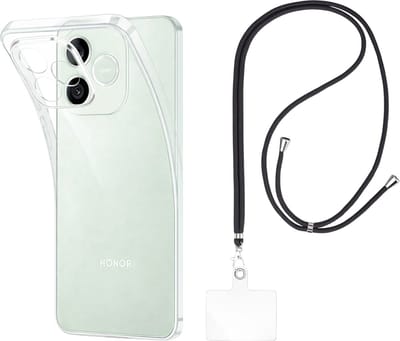 Set met hoesje en nekband voor Honor 600 Lite 5G - Flexibele, transparante TPU-bescherming, verstelbare universele nekband voor mobiele telefoons, zwarte nekband, transparante draagriem van Phonillico®