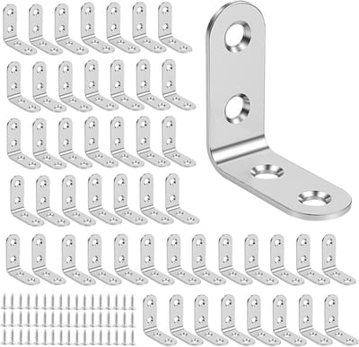 50 stuks 40 x 40 mm L-beugels van roestvrij staal met 200 schroeven voor meubelmontage, 90 graden hoekbeugels voor stevige bevestiging en duurzaamheid
