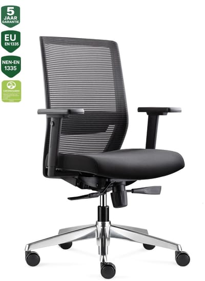 BENS 850-Ergo-3 - Ergonomische Bureaustoel - Bureaustoelen voor volwassenen - Kantoorstoel - Gepolijst aluminium voetenkruis - GREENGUARD GOLD - NEN-EN1335 & ARBO normen