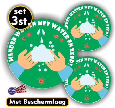 Jerma - Stickers - Handen wassen met zeep en water – Set 3 st. – 15 & 10 cm - Vinyl - Zelfklevend