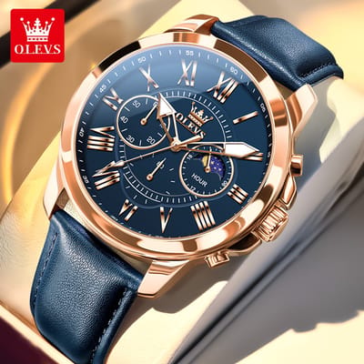 HO-3632.bl-rs : Olevs rosékl edelstaal chronografisch quartz horloge, blauwe wijzerplaat, blauwe genuine lerenband, uren & minuten & maanfase -aanduiding