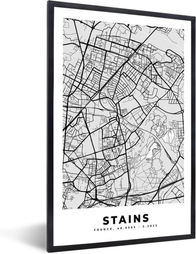 Fotolijst incl. Poster - Frankrijk – Plattegrond – Kaart – Stains – Stadskaart - 40x60 cm - Posterlijst