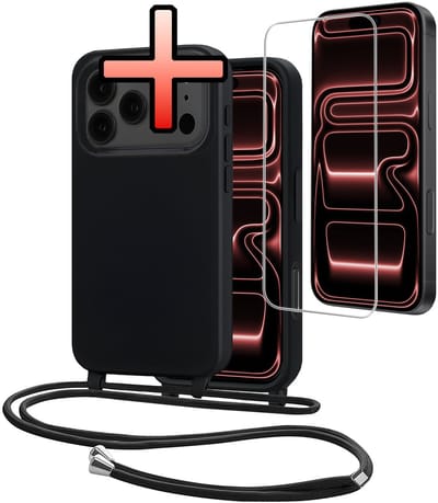 Hoes Geschikt voor iPhone 17 Pro Met Telefoonkoord Met Screenprotector - Siliconen Hoesje Backcover Met Ketting - Zwart