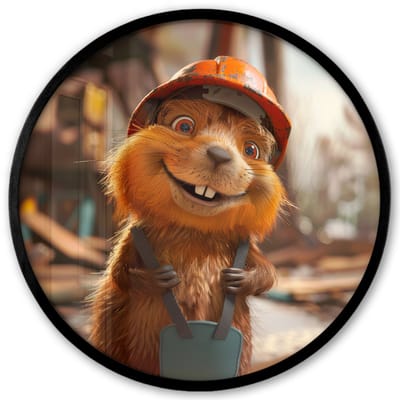 Poster in lijst Rond - Fotolijst 40x40 cm - Posters - Bever - Bouw - Bouwhelm - Dier - Ronde posterlijst zwart - Decoratie - Wanddecoratie woonkamer - Muurdecoratie slaapkamer