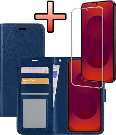 Hoesje - Met Screenprotector - Geschikt voor Samsung Galaxy S25 FE - Luxe Pasjeshouder - Bookcase Portemonee - Flip Case - Kunstleer Book Case - Flipcase - Book Cover - Walletcase - Portemonneehoes - Donkerblauw