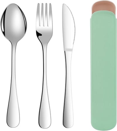 SnelShoppen - Bestekset met draagbare etui - 3-delige roestvrijstalen bestekset met lepel, mes en vork - Spiegelgepolijst, vaatwasserbestendig, groen