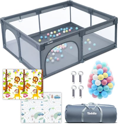 Teddle Grondbox – Inclusief Dubbelzijdige Speelmat – Baby Speelbox met 50x Speelballen - Kinderbox - Playpen - 180x150cm - Grijs