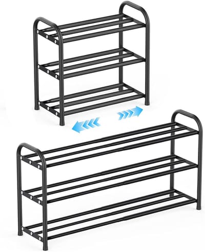 Schoenenrek, metaal, zwart, uittrekbaar, smal, schoenenopslag, ruimtebesparend, verstelbaar, 43 tot 78 cm breed, voor kast, ingang, hal, hal (3 etages)
