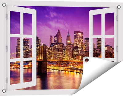 Gards Tuinposter Doorkijk Skyline New York van Centrum in het Paars - 60x40 cm - Tuindoek - Tuindecoratie - Wanddecoratie buiten - Tuinschilderij