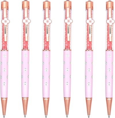 Set van 6 Zwarte Inktpennen met Klaver Crystal Design - Medium Balpen in Lichtroze Kleur