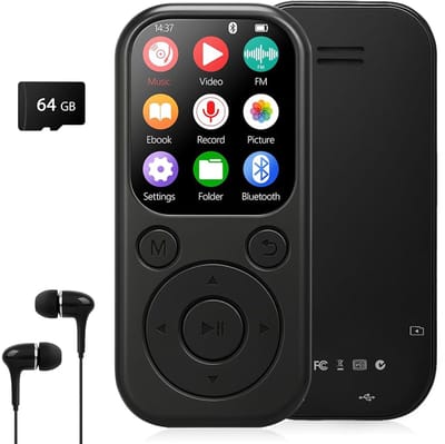 MP3 Speler met Bluetooth 5.3 - 64GB Kaart Inclusief - Uitbreidbaar tot 512GB - FM Radio - Voice Recorder - met Oordopjes