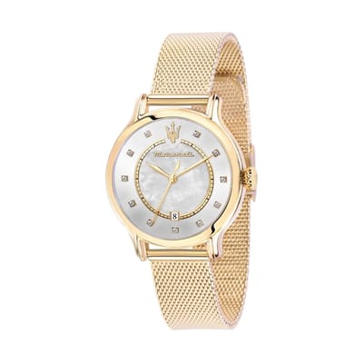 Maserati Epoca Accents en Cristal Ton Or Acier Inoxydable Maille Cadran Nacre Quartz R8853118512 100M Montre Femme mère de perle