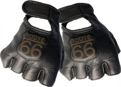 Leren handschoenen zonder vingers (mofjes) met Route 66 afbeelding maat M