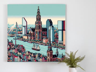 Pixel art rotterdam schilderij | Rotterdamse skyline in pixelated stijl tot leven gebracht op canvas | Kunst - 60x60 centimeter op Forex | Foto op Forex