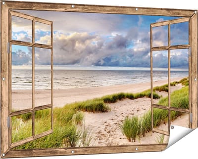 Gards Tuinposter Doorkijk Strand en Duinen met Bewolking - 150x100 cm - Tuindoek - Tuindecoratie - Wanddecoratie buiten - Tuinschilderij