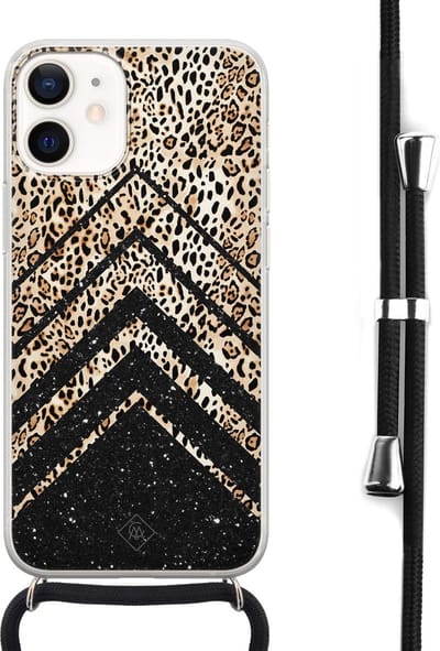 Casimoda® hoesje met koord - Geschikt voor iPhone 12 Mini - Chevron Luipaard - Afneembaar koord - Siliconen/TPU - Zwart