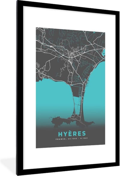Fotolijst incl. Poster - Hyères - Frankrijk - Kaart - Stadskaart - Plattegrond - 80x120 cm - Posterlijst