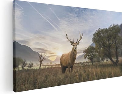 Artaza Canvas Schilderij Hert - 40x20 cm - Klein - Wanddecoratie Hertenkop Met Gewei - Muurdecoratie Natuur - Schilderijen Op Canvas Bergen