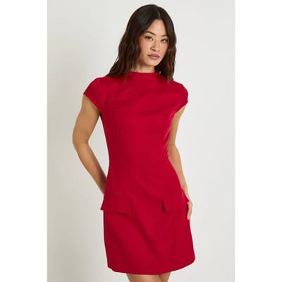 boohoo Dames Lange hoge halslijn gestructureerde op maat gemaakte mini-jurk | Dark Cherry | Maat: 6