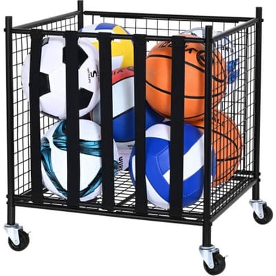 VEVOR Ballenwagen Rolwagen 507 x 500 x 545 mm Sportballen, Afsluitbare Basketbalkooi Ballenkooi, Sportuitrusting voor Binnen en Buiten, Oprolbare Stalen Opbergwagen voor Garages
