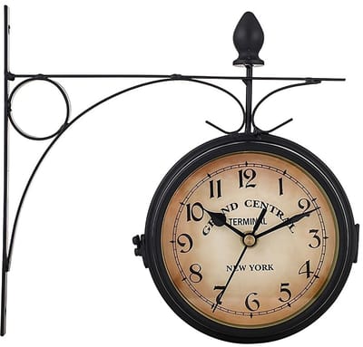 SnelShoppen - Retoo Dubbelzijdige Stationsklok - Retro Wandklok - Weerbestendig - Zwart IJzer - Decoratief met Houder - Buitenklok - Vintage voor Tuin