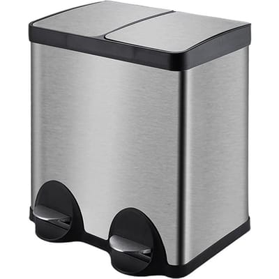 Poubelle à pédale double compartiment en acier inoxydable 30L Poubelle de cuisine avec couvercle à fermeture douce Pédale silencieuse Deux intérieurs white