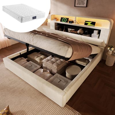 Pugsdrly Gestoffeerd tweepersoonsbed 140x200 cm met in hoogte verstelbaar hoofdeinde en opbergruimte, hydraulisch bed met ledverlichting en USB/Type-C-oplaadstation, fluweel, beige, inclusief lattenbodem (met matras)