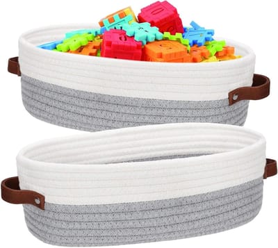 Set van 2 Gevlochten Opbergmanden 28 x 10 x 10 cm, Handgeweven Katoenen Mand met Handvat, Ideaal voor Badkamer, Woonkamer en Slaapkamer