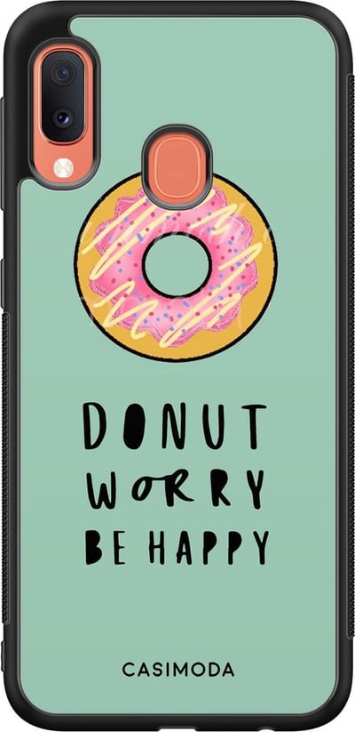 Casimoda® hoesje - Geschikt voor Samsung Galaxy A20e - Donut Worry - Zwart TPU Backcover - Snoep - Blauw