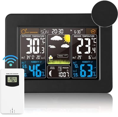 Weerstation Kleurendisplay - Digitale Klok - Weersvoorspelling Binnen - Draadloze Buitensensor - 17.5 cm x 13.5 cm - Zwart