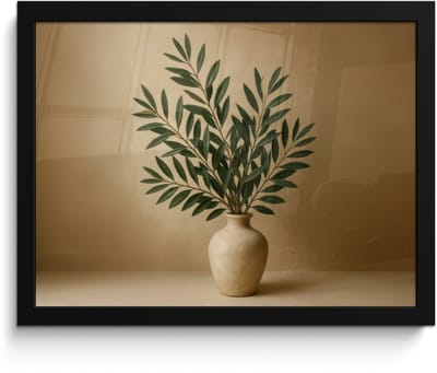 Poster in lijst - Fotolijst 40x30 cm - Posters - Vaas - Olijftakken - Bladeren - Beige - Posterlijst zwart - Decoratie - Wanddecoratie woonkamer - Muurdecoratie slaapkamer