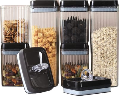 LW Collection voorraadpotten set van 6 met pen en stickers zwarte deksel - Voorraadpotjes luchtdicht - voorraadbussen - snoep pot - organize potten - keukenpotten - opbergpotten - voorraadbussen - food container - complete set 6 stuks