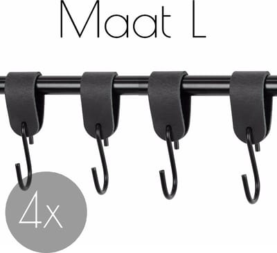 4x Leren S-haak hangers - Handles and more® | VINTAGE BLACK - maat L (Leren S-haken - S haken - handdoekkaakje - kapstokhaak - ophanghaken)