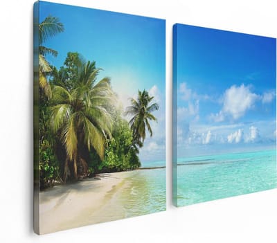 Artaza Canvas Schilderij Tweeluik Tropisch Strand Bij De Licht Blauwe Zee - 120x80 - Foto Op Canvas - Canvas Print